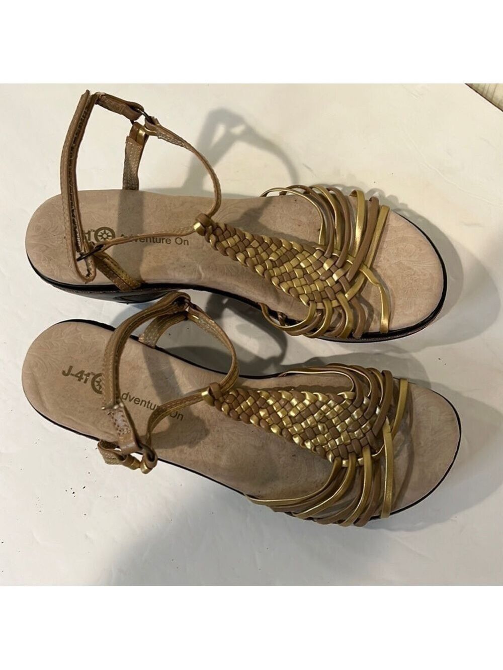 J 41 Gold Tone Wedge Sandals Size 8